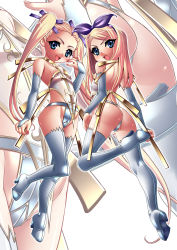 Rule 34 | 2girls, :d, angry, armor, ass, back, blonde hair, blue eyes, blush, boots, breasts, bridal gauntlets, choker, flat chest, from behind, hair ribbon, hairband, hajime shindo, high heels, highres, leg up, leotard, long hair, looking back, multiple girls, open mouth, original, ribbon, shiny clothes, shoes, siblings, sideboob, sisters, small breasts, smile, standing, thigh boots, thighhighs, thong leotard, twins, twintails, very long hair, zoom layer