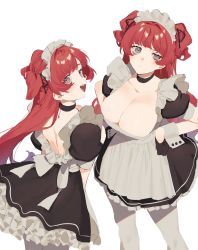 Rule 34 | 2l (2lsize), absurdres, anemone (2l), apron, back, black skirt, breasts, choker, cleavage, collarbone, cowboy shot, gloves, grey eyes, half gloves, highres, large breasts, long hair, looking at viewer, maid, maid headdress, original, pantyhose, red hair, siblings, sisters, skirt, suu (2l), top pull, twins, very long hair, white background, white legwear