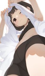 Rule 34 | 1girl, bike shorts, black bra, black hair, black shorts, blush, bra, brown eyes, closed mouth, clothes lift, crotch, dress, dress lift, flat chest, from below, highres, hiroki (yyqw7151), lifting own clothes, looking at viewer, looking down, one eye closed, original, short hair, shorts, stomach, thighs, training bra, underwear, white background, white dress