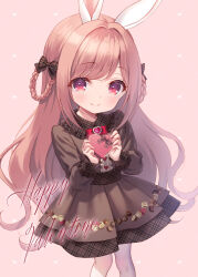 Rule 34 | 1girl, animal ears, box, braid, brown dress, brown eyes, chitosezaka suzu, closed mouth, collared dress, commentary request, dress, feet out of frame, frilled shirt collar, frills, gift, gift box, hair rings, happy valentine, heart, heart-shaped box, highres, holding, holding gift, long sleeves, looking at viewer, original, pantyhose, pink background, puffy long sleeves, puffy sleeves, rabbit ears, red eyes, smile, solo, standing, swept bangs, twin braids, valentine, white pantyhose