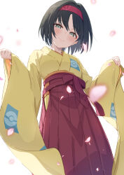 1girl black_hair blush brat_(brabrabrat00) breasts creatures_(company) erika_(pokemon) game_freak grey_eyes hairband hakama hakama_skirt highres japanese_clothes kimono long_sleeves looking_at_viewer nintendo obi petals pokemon pokemon_frlg red_hairband red_hakama sash short_hair skirt small_breasts smile solo wide_sleeves yellow_kimono