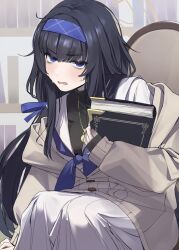 Rule 34 | 1girl, absurdres, bags under eyes, black hair, blue archive, blue eyes, blue hairband, blush, book, cardigan, grey cardigan, hairband, halo, headband, highres, holding, holding book, jewelry, long hair, long skirt, long sleeves, looking at viewer, mushioicharax, neckerchief, necklace, purple neckerchief, skirt, solo, ui (blue archive), yellow halo