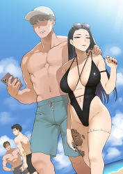 Rule 34 | 1girl, 3boys, absurdres, ah-lyong lee, arm around shoulder, baseball cap, beach, beach nanpa, black eyes, black hair, black jammers, black male swimwear, black one-piece swimsuit, black swim trunks, blue male swimwear, blue sky, blue swim trunks, blush, breasts, cellphone, cleavage, closed mouth, cloud, cloudy sky, day, earrings, embarrassed, eyeshadow, eyewear on head, faceless, faceless male, feet out of frame, fingernails, flower tattoo, frown, furrowed brow, groin, hand under clothes, hand under swimsuit, hat, highres, holding, holding phone, hoop earrings, jammers, jewelry, korean commentary, large breasts, leg tattoo, lips, lipstick, long hair, looking down, makeup, male swimwear, multiple boys, nail polish, navel, navel piercing, no eyes, one-piece swimsuit, original, outdoors, phone, piercing, purple eyeshadow, red lips, red nails, sharp fingernails, short hair, sky, smartphone, stomach tattoo, straight hair, sunglasses, sunlight, swim trunks, swimsuit, tattoo, topless male, walking, white headwear