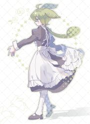 Rule 34 | 1girl, absurdres, ahoge, alternate costume, alternate eye color, apron, black dress, black footwear, blush, closed mouth, colored eyelashes, dress, enmaided, from side, green eyes, green hair, green outline, grid background, halftone texture, heel up, highres, long hair, long sleeves, looking ahead, low ponytail, maid, maid apron, mary janes, meguru (chitose meguru), outline, outstretched arm, pantyhose, profile, rabbit, shoes, skirt hold, sleeve cuffs, solo, standing, voicevox, white pantyhose, zundamon