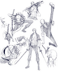 Rule 34 | 2boys, bandana, boots, collared shirt, dual wielding, fighting stance, hair over one eye, haramaki, holding, kicking, male focus, multiple boys, multiple views, muscular, one piece, open clothes, open shirt, pinstripe pattern, pixiv sample, resized, roronoa zoro, sabaody archipelago, sanji (one piece), scar, shirt, sketch, striped, sword, vertical stripes, waistcoat, weapon