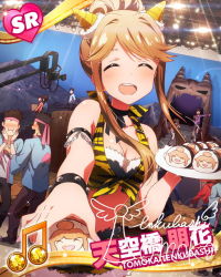 Rule 34 | 10s, 1girl, ^ ^, animal print, armlet, beamed quavers, bracelet, breasts, brown hair, card (medium), character name, character signature, cleavage, closed eyes, fake horns, food, front-tie top, horns, idolmaster, idolmaster million live!, jewelry, makizushi, musical note, official art, oni horns, open mouth, setsubun, signature, solo focus, sushi, tenkuubashi tomoka, tiger print