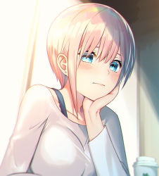 Rule 34 | 1girl, blue eyes, blush, breasts, closed mouth, coffee cup, commentary request, cup, disposable cup, earrings, go-toubun no hanayome, hair between eyes, hand on own cheek, hand on own chin, hand on own face, highres, jewelry, kakaon, large breasts, long sleeves, looking at viewer, nakano ichika, photoshop (medium), pink hair, shirt, short hair, solo, strap