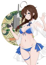 Rule 34 | 1girl, absurdres, ahoge, bikini, blue bikini, blue eyes, braid, breasts, brown hair, cleavage, collared shirt, cropped shirt, front-tie bikini top, front-tie top, hair flaps, hair ornament, hair over shoulder, hairpin, highres, holding, holding turret, kantai collection, looking at viewer, medium breasts, navel, neve (morris-minicooper), official alternate costume, open mouth, shigure (kancolle), shigure kai san (kancolle), shirt, short sleeves, single braid, smile, solo, swimsuit, thigh strap, turret, white shirt