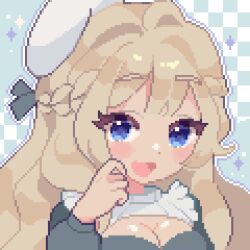 Rule 34 | 1girl, blonde hair, blue eyes, braid, breasts, checkered background, cleavage, cleavage cutout, clothing cutout, commentary, commission, crown braid, english commentary, frills, hat, highres, long hair, long sleeves, medium breasts, mimpish, open mouth, original, pixel art, portrait, puffy long sleeves, puffy sleeves, smile, solo, tilted headwear, white hat