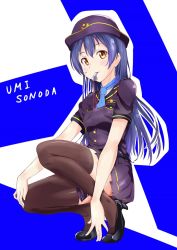 Rule 34 | 10s, 1girl, black thighhighs, blue hair, blush, character name, hat, high heels, long hair, love live!, love live! school idol festival, love live! school idol project, mouth hold, police, police uniform, policewoman, skirt, solo, sonoda umi, squatting, thighhighs, ukkii, uniform, whistle, yellow eyes