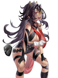 Rule 34 | 1girl, armlet, artist name, asymmetrical clothes, bag, belt, black gloves, black hair, black shirt, black shorts, blonde hair, blue eyes, blush, breasts, cleavage, colored tips, criss-cross halter, crossed bangs, dark-skinned female, dark skin, dehya (genshin impact), derlyt, fang, fingerless gloves, gem, genshin impact, gloves, hair between eyes, halterneck, handbag, hands on own knees, highres, hunched over, jewelry, large breasts, long hair, looking at viewer, multicolored hair, multiple belts, multiple straps, open mouth, red gemstone, shirt, short shorts, shorts, skindentation, solo, thigh strap, torn clothes, torn shorts, white background