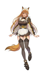 Rule 34 | 1girl, adapted costume, alternate costume, animal ears, arknights, black footwear, black thighhighs, blush, bow, bowtie, breasts, brown hair, ceobe (arknights), commentary, dog ears, dog girl, dog tail, english commentary, fang, full body, garter straps, highres, jason kim, large breasts, long hair, long sleeves, looking at viewer, maid, maid headdress, material growth, oripathy lesion (arknights), red eyes, simple background, solo, standing, standing on one leg, tail, thighhighs, thighs, white background, white headwear