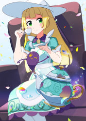 Rule 34 | apron, aqua dress, blonde hair, blunt bangs, cheri shi, closed mouth, commentary request, creatures (company), cup, dress, falling petals, game freak, gen 8 pokemon, green eyes, hat, holding, holding cup, lillie (pokemon), lillie (special costume) (pokemon), long hair, looking at viewer, nintendo, official alternate costume, outdoors, petals, pinafore dress, pokemon, pokemon masters ex, polteageist, saucer, sidelocks, sitting, sleeveless, sleeveless dress, smile, sun hat, tea set, teacup, teapot, white apron