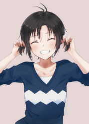 Rule 34 | 1girl, ^ ^, antenna hair, black hair, closed eyes, closed eyes, grin, highres, holding, holding hair, idolmaster, idolmaster (classic), idolmaster 2, kikuchi makoto, mogskg, redrawn, short hair, short twintails, simple background, smile, solo, twintails, upper body