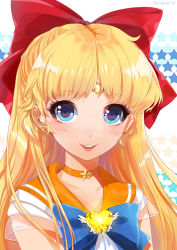 Rule 34 | 10s, 1girl, 2014, aino minako, artist name, bishoujo senshi sailor moon, blonde hair, blue bow, blue eyes, bow, brooch, choker, circlet, earrings, gem, hair bow, half updo, happy, heart, heart brooch, jewelry, long hair, looking at viewer, open mouth, red bow, sailor collar, sailor venus, sera (mrvles), smile, solo, star (symbol), starry background, stud earrings, super sailor venus, upper body