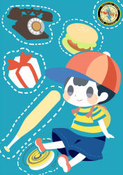 Rule 34 | 1boy, antique phone, baseball bat, black hair, blue background, blue shorts, blush stickers, brown bag, burger, dotted line, food, gift, hitofutarai, looking ahead, male focus, mother (game), mother 2, ness (mother 2), nintendo, phone, red footwear, red headwear, rotary phone, shirt, short hair, shorts, simple background, sitting, smile, solid oval eyes, solo, striped clothes, striped shirt, yo-yo