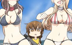 Rule 34 | +++, 10s, 3girls, beach, bikini, blank eyes, blonde hair, blue sky, blush, breast envy, breasts, brown eyes, brown hair, cloud, dated, day, female focus, folded ponytail, gluteal fold, groin tendon, hamu koutarou, highres, inazuma (kancolle), iowa (kancolle), kantai collection, long hair, medium breasts, midriff, multiple girls, navel, neckerchief, ocean, one-piece swimsuit, open mouth, out of frame, outdoors, saratoga (kancolle), shaded face, sky, stomach, swimsuit, tareme, torpedo, very long hair
