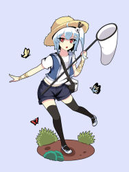 Rule 34 | 1girl, ahoge, bili girl 33, bilibili, black thighhighs, blue hair, blush, bug, butterfly, butterfly net, denim, denim shorts, full body, galge03, hand net, hat, highres, insect, looking at viewer, parted lips, red eyes, short hair, short ponytail, short sleeves, shorts, side ponytail, solo, thighhighs