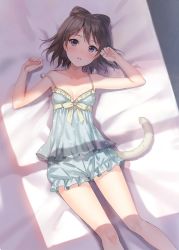 Rule 34 | 1girl, bare shoulders, bed sheet, black eyes, bloomers, blush, brown hair, camisole, cat tail, collarbone, frills, fukahire (ruinon), looking at viewer, lying, off shoulder, on back, open mouth, original, solo, strap slip, tail, underwear
