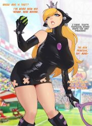 Rule 34 | 1girl, ball, bent over, black dress, black footwear, black gloves, blonde hair, blue eyes, blurry, blurry background, boots, bracelet, breasts, brooch, clothing cutout, commentary, covered erect nipples, cowboy shot, crowd, crown, day, dress, elbow gloves, english commentary, english text, gloves, highres, holding, holding ball, holding tennis racket, huge breasts, jewelry, knee boots, latex, latex dress, lips, long hair, looking at viewer, luxu, mario (series), mario power tennis, mario tennis, microdress, mini crown, nintendo, pigeon-toed, racket, solo, spiked bracelet, spikes, sweat, taut clothes, taut dress, tennis ball, tennis court, tennis racket, warupeach