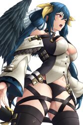 Rule 34 | 1girl, absurdres, angel wings, asymmetrical wings, bare shoulders, belt, black panties, black thighhighs, blue hair, breasts, cleavage cutout, clothing cutout, dizzy (guilty gear), feathered wings, from side, guilty gear, guilty gear xrd, highres, large breasts, long hair, looking to the side, mature female, midriff, monster girl, navel, off shoulder, open mouth, panties, red eyes, ribbon, showgirl skirt, sideboob, simple background, skirt, smile, solo, souma (so u maaaaa), tail, tail ornament, tail ribbon, thick thighs, thigh gap, thighhighs, thighs, underwear, v-shaped eyebrows, white background, wide sleeves, wings, yellow ribbon