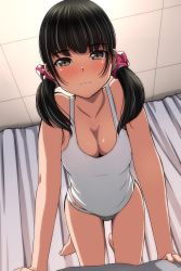 Rule 34 | 1girl, absurdres, all fours, barefoot, black hair, blush, breasts, brown eyes, cleavage, closed mouth, collarbone, hair ornament, hair scrunchie, highres, indoors, kneeling, looking at viewer, matsunaga kouyou, medium breasts, original, red scrunchie, scrunchie, short twintails, smile, solo, tank top, thighs, twintails, white tank top
