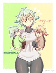 Rule 34 | abineko, absurdres, animal ears, blush, breasts, brown hair, cat ears, cat girl, child, closed eyes, genshin impact, glasses, green hair, highres, if they mated, looking at viewer, mature female, mother and child, motherly, multicolored hair, orange eyes, ponytail, semi-rimless eyewear, shirt, smile, solo, sucrose (genshin impact), yellow eyes