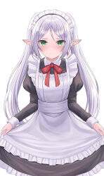 Rule 34 | 1girl, alternate costume, apron, black dress, closed mouth, collar, collared dress, commentary request, dress, elf, enmaided, frieren, frilled dress, frills, green eyes, highres, light blush, long hair, long sleeves, looking at viewer, maid, neck ribbon, pointy ears, red ribbon, ribbon, seungju lee, simple background, smile, solo, sousou no frieren, standing, thick eyebrows, twintails, white apron, white background, white collar, white hair