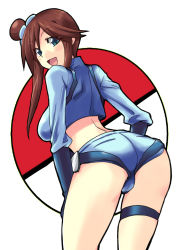 Rule 34 | 10s, 1girl, ass, blue eyes, breasts, brown hair, creatures (company), game freak, gym leader, hair ornament, highres, large breasts, looking back, micro shorts, midriff, nintendo, ooike teru, poke ball, pokemon, pokemon bw, pussy, red hair, short shorts, shorts, skyla (pokemon), smile, solo