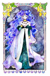 Rule 34 | 1girl, art nouveau, bishoujo senshi sailor moon, blue eyes, blue hair, cape, choker, crescent, detached sleeves, double bun, dress, earrings, flower, forehead jewel, framed, full body, hand on own chest, ink (medium), jewelry, long dress, long hair, matching hair/eyes, nehelenia (sailor moon), nib pen (medium), no nose, painting (medium), pale skin, pointy ears, riina, slit pupils, solo, traditional media, very long hair, watercolor (medium)