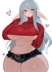 Rule 34 | belt, blush, breasts, glasses, grey hair, heart, highres, huge breasts, large ears, long hair, looking at viewer, midriff, navel, original, pointy ears, red eyes, short shorts, shorts, sweater, thick thighs, thighhighs, thighs, underboob, usa37107692