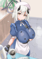 Rule 34 | 1girl, apron, black gloves, blue archive, braid, breasts, coffee filter, demon horns, electric kettle, french braid, gloves, grabbing own breast, halo, hat, highres, horns, kettle, large breasts, nurse, nurse cap, sena (blue archive), short hair, solo, white apron, white hair, yellow eyes, yuuichi (reductionblack)