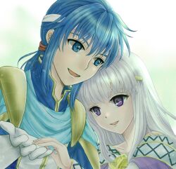 Rule 34 | 1boy, 1girl, blue eyes, blue hair, brother and sister, circlet, dress, fire emblem, fire emblem: genealogy of the holy war, gloves, grey hair, headband, highres, holding hands, julia (fire emblem), long hair, nintendo, open mouth, ponytail, purple eyes, seliph (fire emblem), siblings, simple background, takabaneaoi2, white gloves, white headband