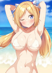 Rule 34 | 1girl, aki rosenthal, arms behind head, arms up, bikini, blue eyes, blurry, blurry background, blush, breasts, covered erect nipples, hair ornament, highres, hololive, kazuma (kazumav), large breasts, long hair, looking at viewer, low twintails, navel, one eye closed, smile, solo, sweat, swimsuit, twintails, upper body, white bikini
