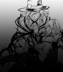 Rule 34 | 1boy, 1girl, angry, clenched teeth, closed eyes, cuts, edmond dantes (fate), edmond dantes (second ascension) (fate), fate/grand order, fate (series), fujimaru ritsuka (female), greyscale, hair ornament, hair scrunchie, hat, injury, jacket, long sleeves, looking at viewer, monochrome, open clothes, open jacket, scrape, scrunchie, side ponytail, sketch, spot color, teeth, uniform, uraha, wavy hair, yellow eyes