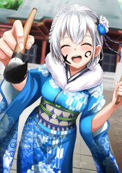 Rule 34 | 1girl, alternate costume, blush, body writing, braid, breasts, calligraphy brush, facepaint, hair ornament, highres, holding, holding brush, hololive, ink, japanese clothes, kimono, large breasts, looking at viewer, new year, open mouth, paintbrush, shirogane noel, shirogane noel (new year), short hair, shrine, silver hair, smile, solo, virtual youtuber