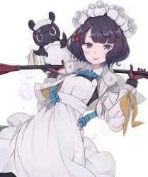 Rule 34 | 1girl, alternate costume, apron, black hair, broom, dutch angle, enmaided, fate/grand order, fate (series), female focus, flower, gloves, hair bobbles, hair flower, hair ornament, holding, holding broom, katsushika hokusai (fate), looking at viewer, maid, maid apron, octopus, official alternate costume, purple eyes, short hair, simple background, solo, standing, tokitarou (fate), tongue, tongue out, totatokeke, white background