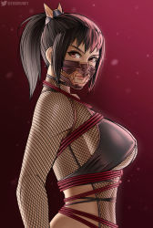 Rule 34 | 1girl, backless leotard, black hair, bodysuit, breasts, commentary, covered erect nipples, english commentary, erodrunky, fishnet bodysuit, fishnets, from side, highres, large breasts, leotard, lips, looking at viewer, mask, mouth mask, ninja, red background, red eyes, red rope, revealing clothes, rope, shibari, shibari over clothes, short ponytail, solo, soul calibur, soulcalibur, soulcalibur vi, taki (soulcalibur), underboob