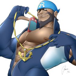 Rule 34 | 1boy, abs, anchor necklace, archie (pokemon), bandana, beard, black eyes, blue bandana, blue bodysuit, bodysuit, brown hair, commentary request, covered erect nipples, creatures (company), dark-skinned male, dark skin, diving suit, facial hair, flashing, game freak, gen 1 pokemon, holding, jewelry, logo, looking at viewer, male focus, multicolored bodysuit, multicolored clothes, necklace, nintendo, nipples, one eye closed, pants boxer, parted lips, pectorals, pokemon, pokemon (creature), pokemon oras, porygon, poryphone, short hair, signature, simple background, smile, team aqua, torn bodysuit, torn clothes, wetsuit, white background, white bodysuit