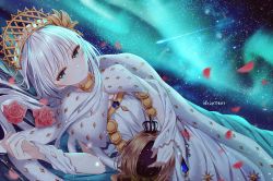 Rule 34 | 1girl, anastasia (fate), aurora, blue eyes, blunt bangs, blurry, blurry foreground, blush, closed mouth, depth of field, doll, dress, fate/grand order, fate (series), flower, hair ornament, hairband, highres, jewelry, junpaku karen, light blush, long hair, looking at viewer, lying, necklace, night, night sky, on side, petals, pink flower, pink rose, rose, rose petals, shooting star, silver hair, sky, smile, solo, star (sky), starry sky, white dress
