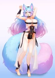 Rule 34 | 1girl, :d, alternate costume, animal ear fluff, animal ears, armpits, arms up, barbariank, barefoot, blue eyes, blue hair, breasts, bursting breasts, commentary, commission, corset, detached leggings, dress, english commentary, eyes visible through hair, fangs, feet, full body, gradient background, gradient hair, highres, large breasts, large tail, light blue hair, long hair, looking at viewer, multicolored hair, no panties, open mouth, pelvic curtain, pink hair, see-through, see-through dress, silvervale, simple background, smile, solo, standing, tail, toes, very long hair, virtual youtuber, vshojo, white dress, wolf ears, wolf girl, wolf tail