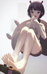 Rule 34 | 1girl, absurdres, animal ears, barefoot, black hair, black shorts, blue eyes, chingo (pixiv8584617), commentary, controller, feet, foot focus, game controller, hands up, highres, hololive, hololive english, legs, mole, mole under eye, multicolored hair, ninomae ina&#039;nis, ninomae ina&#039;nis (loungewear), official alternate costume, open mouth, pink hair, pointy ears, shirt, short hair, shorts, single bare shoulder, sitting, soles, solo, streaked hair, takodachi (ninomae ina&#039;nis), virtual youtuber, white shirt