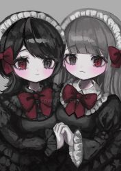 Rule 34 | 2girls, :3, bad id, bad twitter id, black dress, black eyes, black hair, bow, bowtie, breasts, closed mouth, commission, cross-shaped pupils, dress, frilled dress, frilled hairband, frills, grey background, grey hair, hair bow, hairband, heterochromia, highres, holding hands, image sample, long hair, long sleeves, looking at viewer, multiple girls, original, puffy sleeves, red bow, red bowtie, red eyes, shiona (siona0625), small breasts, symbol-shaped pupils, twitter sample, upper body, watermark, white hairband
