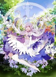 Rule 34 | 1girl, ahoge, bare shoulders, barefoot, blue sky, breasts, bush, choker, cross, cross necklace, day, elbow gloves, floating hair, flower, full body, gloves, head wings, highres, jewelry, koshaku, long hair, looking at viewer, magic circle, necklace, open mouth, original, outdoors, pendant, plant, sky, small breasts, smile, solo, very long hair, white flower, white gloves, white hair, wind, wings