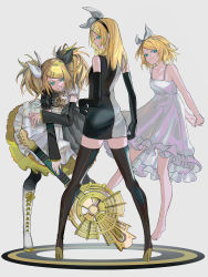 Rule 34 | 1girl, aqua eyes, arms behind back, bare shoulders, barefoot, black gloves, black thighhighs, blonde hair, boots, colored eyelashes, cross-laced footwear, daenarys, detached sleeves, dress, elbow gloves, gloves, grin, hair ornament, hairband, hairclip, high heel boots, high heels, highres, kagamine rin, lace-up boots, long hair, looking at viewer, short hair, sleeveless, sleeveless dress, smile, thighhighs, twintails, vocaloid, white dress