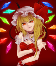 Rule 34 | 1girl, adapted costume, blonde hair, breasts, choker, cleavage, crystal, detached collar, dress, fangs, flandre scarlet, hat, hat ribbon, heart, heart-shaped pupils, mob cap, nakaya (pixiv2496296), red background, red dress, red eyes, ribbon, side ponytail, simple background, small breasts, smile, solo, strapless, strapless dress, symbol-shaped pupils, touhou, uneven eyes, upper body, wings, wrist cuffs