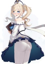 Rule 34 | 1girl, artist request, ass, barbara (genshin impact), bare shoulders, blonde hair, blue eyes, blush, book, dress, drill hair, embarrassed, from behind, genshin impact, hair ornament, hat, highres, long hair, looking at viewer, looking back, open mouth, panties, panties under pantyhose, pantyhose, skirt, solo, twin drills, twintails, underwear, white pantyhose