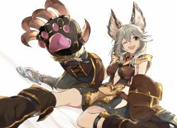Rule 34 | 10s, 1girl, animal ears, animal hands, arm support, arm up, bad id, bad twitter id, belt, boots, breasts, brown eyes, center opening, claw (weapon), collar, elbow gloves, erune, eyebrows, flipped hair, gloves, granblue fantasy, hair between eyes, hip vent, hood, long hair, looking at viewer, miniskirt, one eye closed, oversized object, paw gloves, pleated skirt, sen (granblue fantasy), silver hair, sitting, skirt, smile, solo, touzai (poppin phl95), underboob, waving, weapon, white background