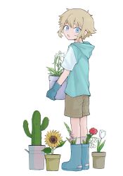 Rule 34 | 1boy, absurdres, alternate costume, antenna hair, basil (faraway) (omori), basil (omori), blonde hair, blue eyes, blue footwear, blue gloves, boots, brown shorts, cactus, egret orchid, flower, flower pot, gladiolus, gloves, highres, holding, holding flower pot, hood, hoodie, lily of the valley, looking at viewer, male focus, omori, open mouth, orchid, pink flower, plant, potted plant, red flower, red rose, revision, rose, sebon (sebochin), short hair, short sleeves, shorts, socks, solo, sunflower, tulip, white flower, white socks, white tulip, yellow flower