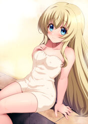 Rule 34 | 1girl, arm support, blonde hair, blue eyes, blush, breasts, chisato (missing park), closed mouth, collarbone, covered erect nipples, dot nose, eyebrows, eyelashes, feet out of frame, female focus, fingernails, goblin slayer!, hand on own chest, leaning back, legs together, long hair, looking at viewer, looking to the side, petite, priestess (goblin slayer!), sitting, small breasts, smile, solo, steam, towel, towel over breasts, wet